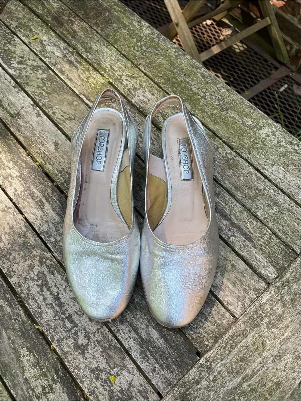 Topshop Silver Leather Low Heel Slingbacks